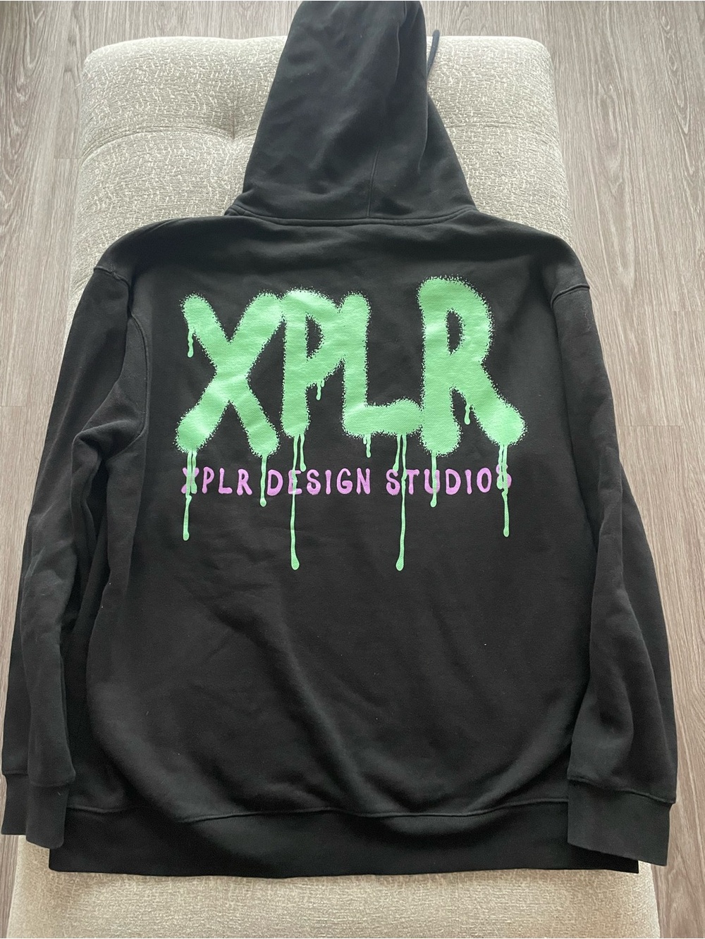 XPLR Limited Black Hoodie Sweatshirt with Green & Purple Graphic